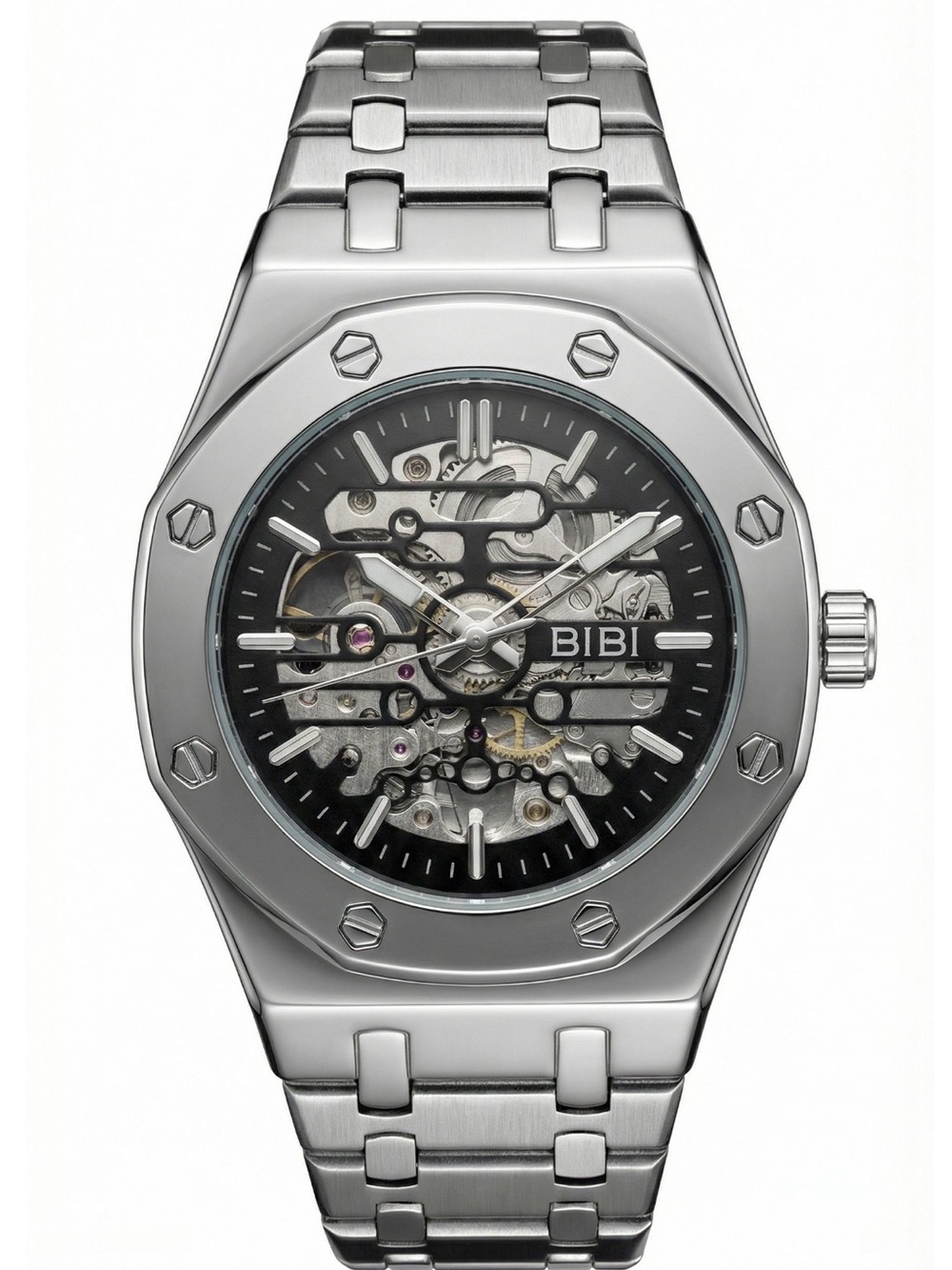 BiBi Silver Stainless Steel Skeleton Dial Watch